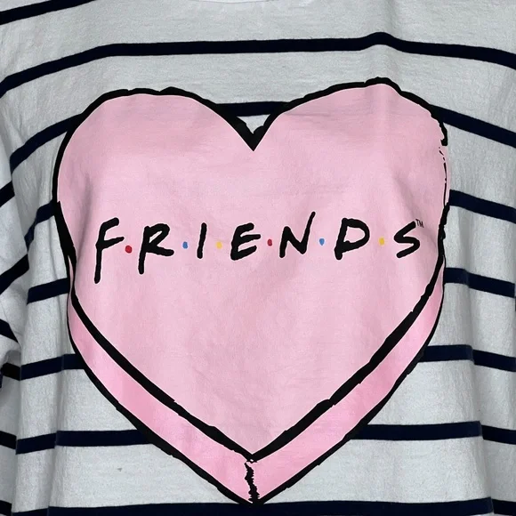 Friends TV Series Womens Tshirt White Blue Striped Short Sleeve Plus Size Heart - Picture 2 of 12